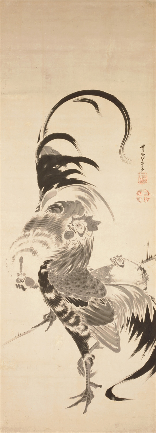 模写 ◇雅◇ 江戸中期絵師 伊藤若沖 肉筆 鶏図 日本画 水墨画 掛軸