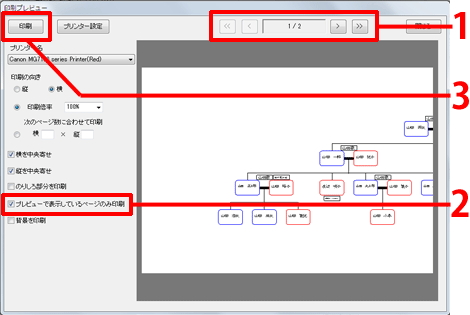 ［ページ送り]ボタンをクリックし、印刷したいページを表示させ［プレビューで表示しているページのみ印刷]にマークをつけて［印刷]ボタンをクリックします。